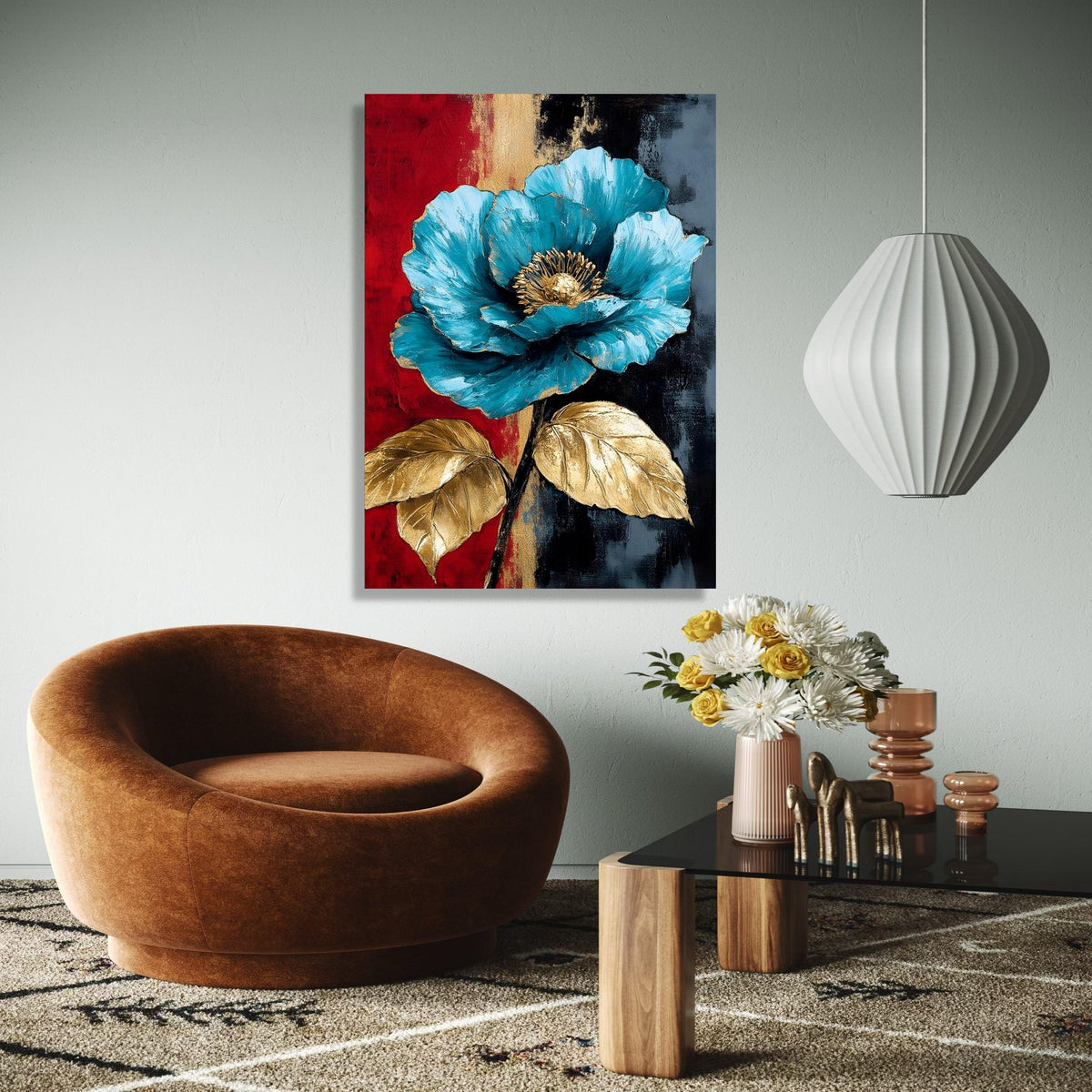 Elegant Blue Flower Canvas, Gold Leaf Accents Wall Art, Modern Floral Painting, Abstract Botanical Canvas, Home Gift Art, Home Decor, Print