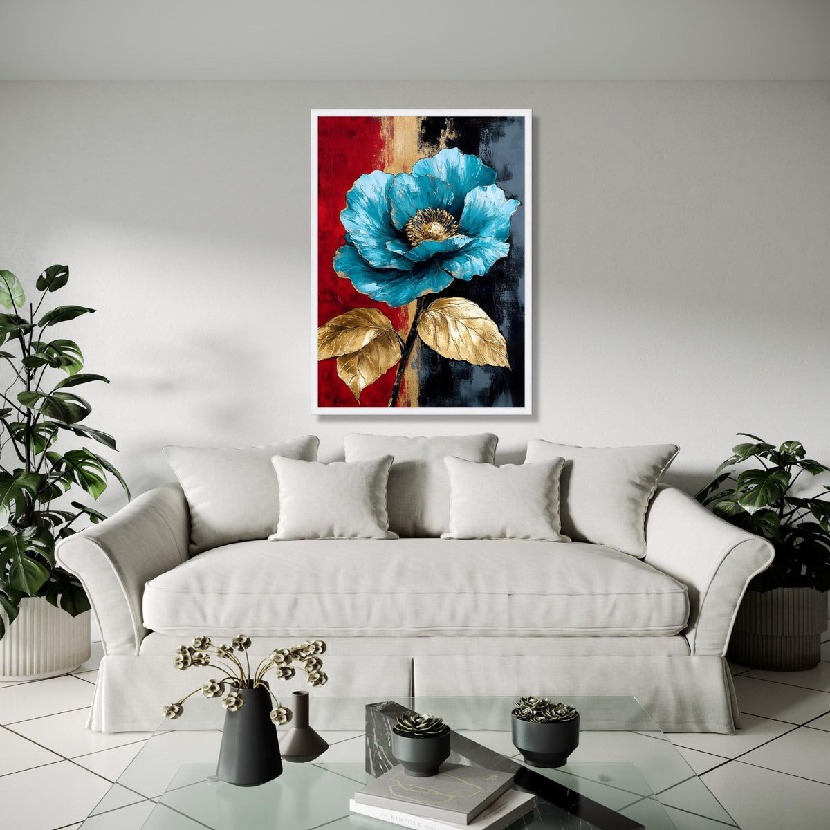 Elegant Blue Flower Canvas, Gold Leaf Accents Wall Art, Modern Floral Painting, Abstract Botanical Canvas, Home Gift Art, Home Decor, Print