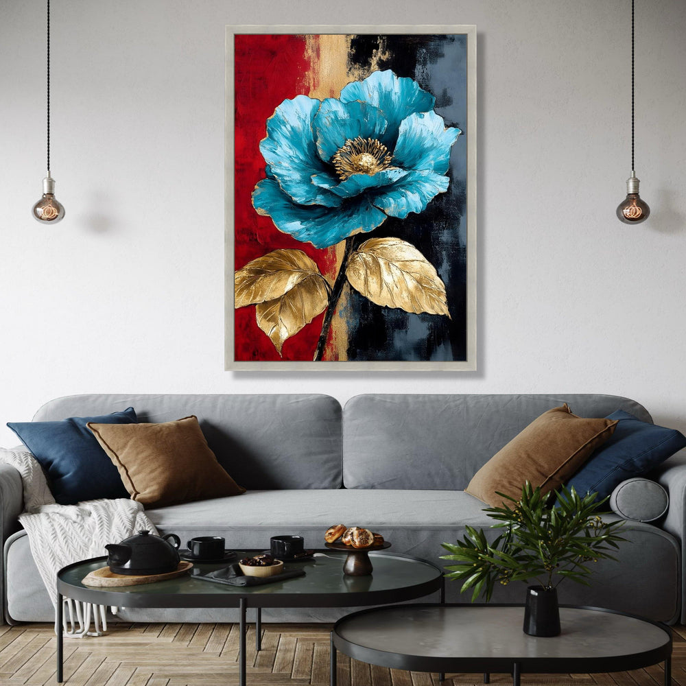 Elegant Blue Flower Canvas, Gold Leaf Accents Wall Art, Modern Floral Painting, Abstract Botanical Canvas, Home Gift Art, Home Decor, Print