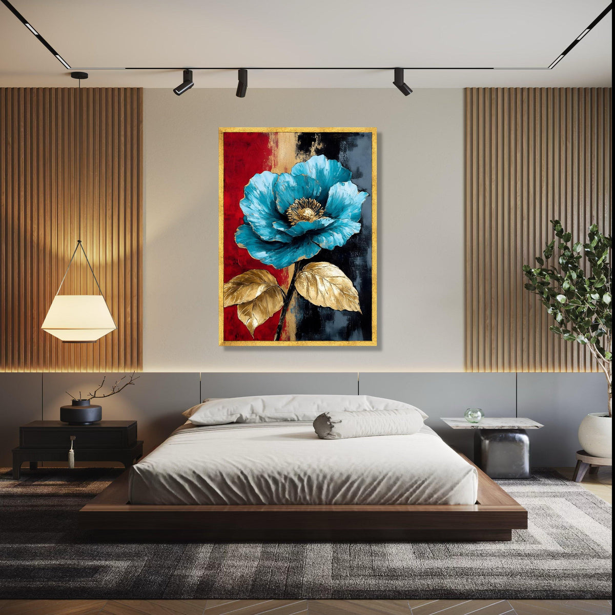 Elegant Blue Flower Canvas, Gold Leaf Accents Wall Art, Modern Floral Painting, Abstract Botanical Canvas, Home Gift Art, Home Decor, Print