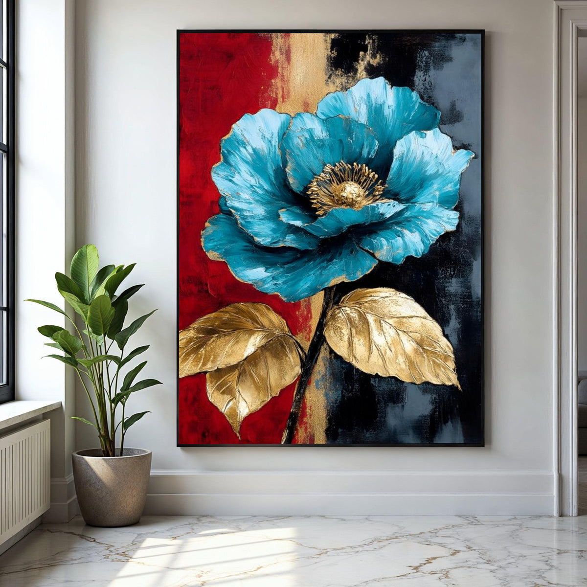 Elegant Blue Flower Canvas, Gold Leaf Accents Wall Art, Modern Floral Painting, Abstract Botanical Canvas, Home Gift Art, Home Decor, Print