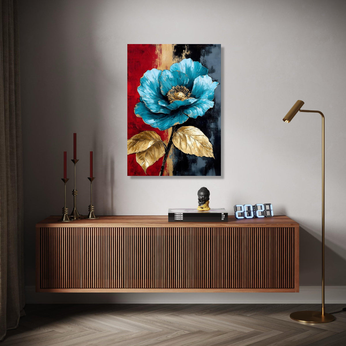 Elegant Blue Flower Canvas, Gold Leaf Accents Wall Art, Modern Floral Painting, Abstract Botanical Canvas, Home Gift Art, Home Decor, Print
