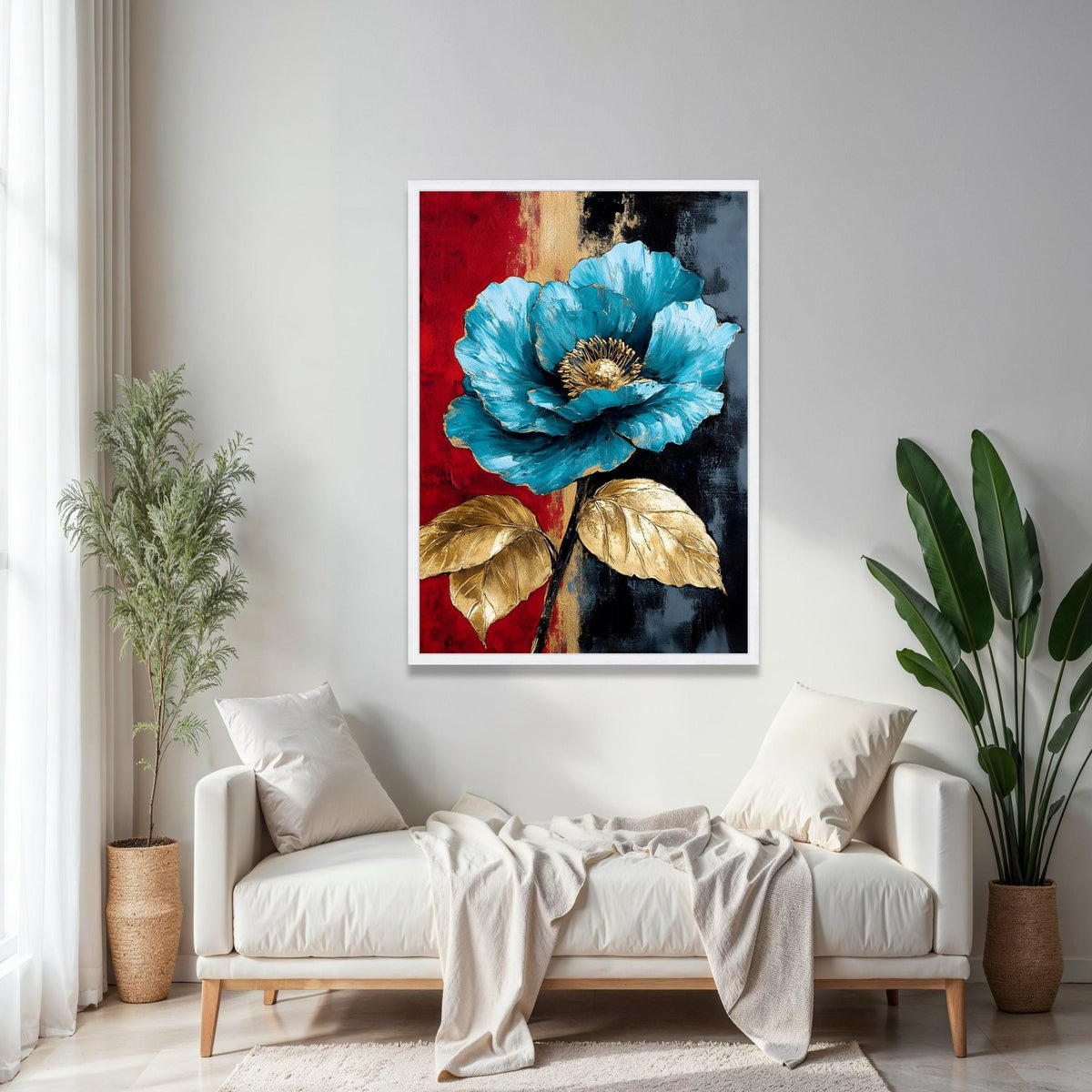 Elegant Blue Flower Canvas, Gold Leaf Accents Wall Art, Modern Floral Painting, Abstract Botanical Canvas, Home Gift Art, Home Decor, Print