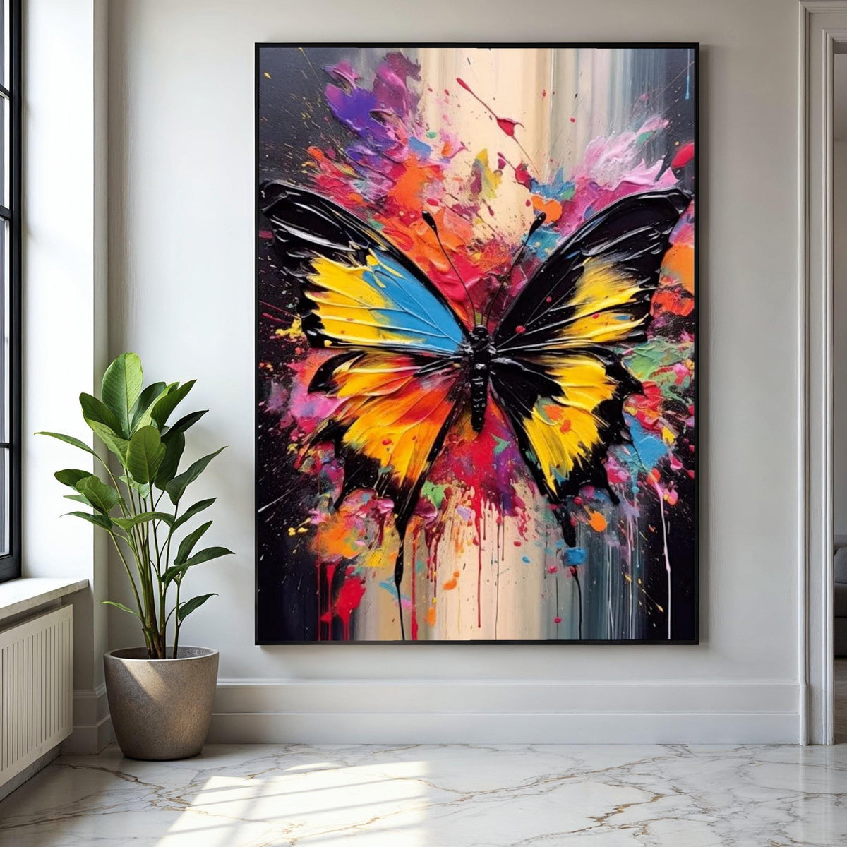 Vibrant Butterfly Splash Canvas, Abstract Colorful Wall Art, Modern Insect Painting, Bold Home Decoration, Ready Gift Art, Home Decor, Print