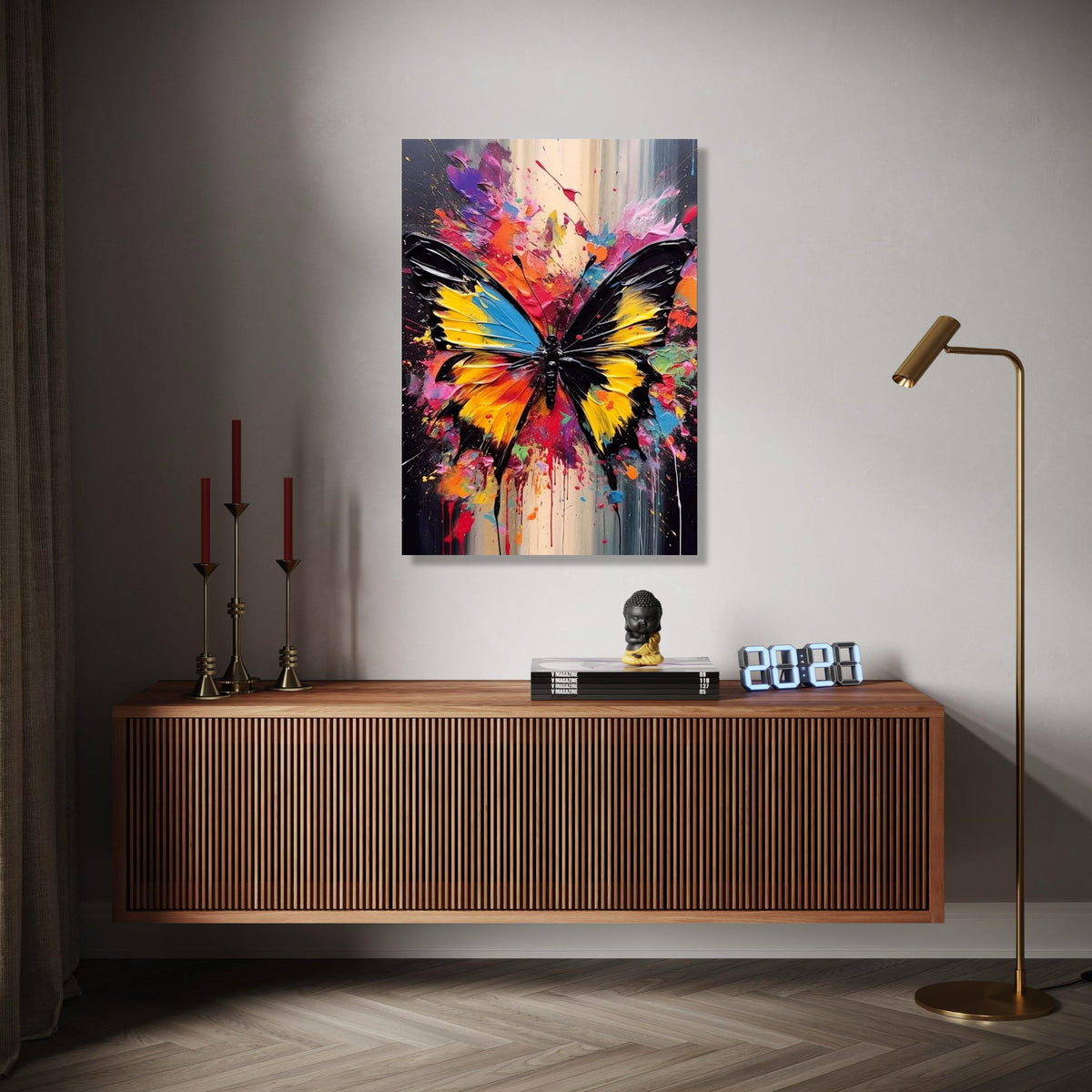 Vibrant Butterfly Splash Canvas, Abstract Colorful Wall Art, Modern Insect Painting, Bold Home Decoration, Ready Gift Art, Home Decor, Print