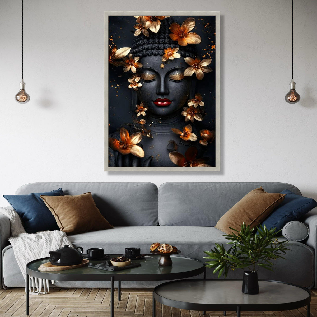 Elegant Buddha Face Canvas Wall Art, Golden Flowers Decor, Spiritual Meditation Art, Zen Home Decoration, Gift Art, Home Decor, Print
