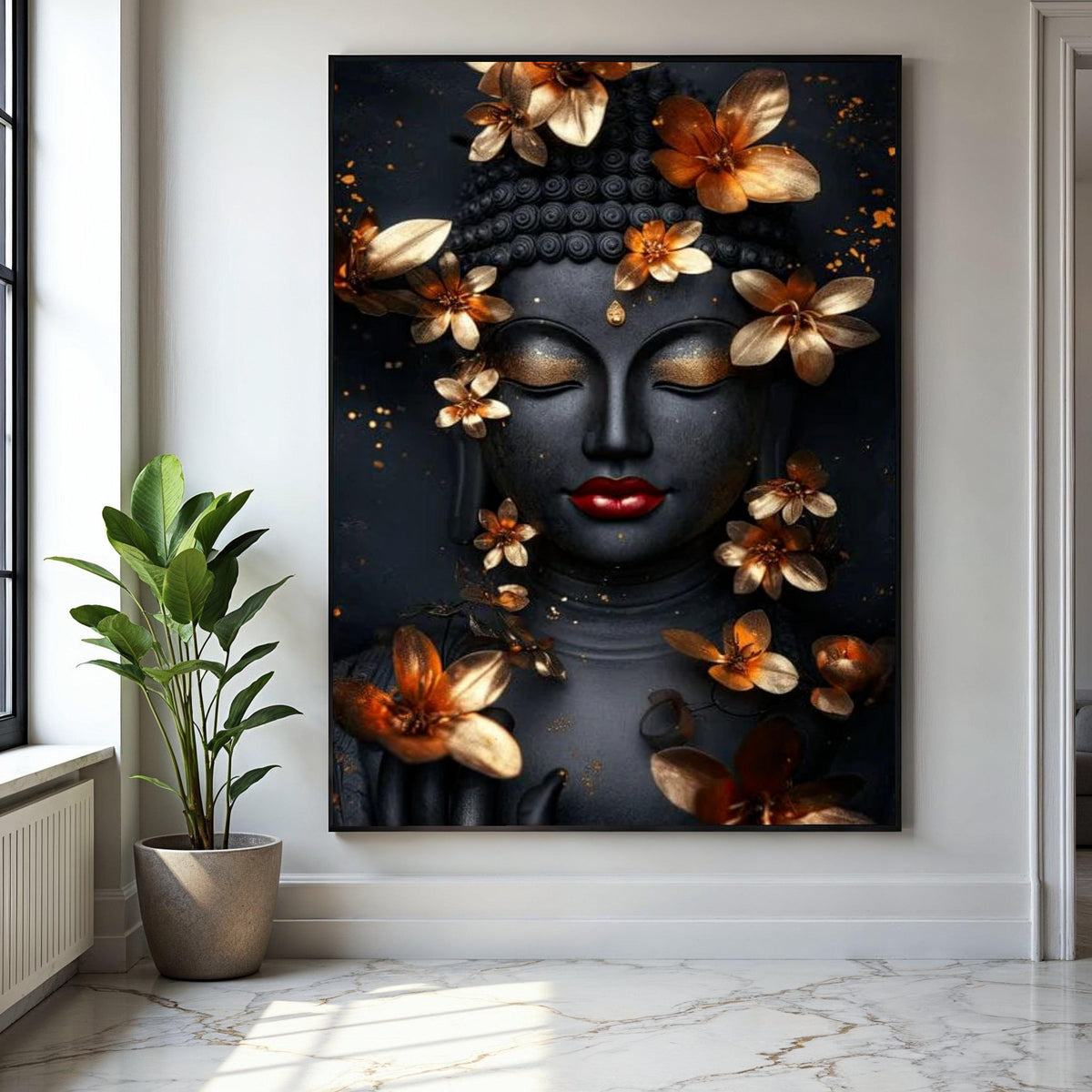 Elegant Buddha Face Canvas Wall Art, Golden Flowers Decor, Spiritual Meditation Art, Zen Home Decoration, Gift Art, Home Decor, Print