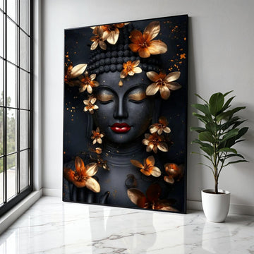 Elegant Buddha Face Canvas Wall Art, Golden Flowers Decor, Spiritual Meditation Art, Zen Home Decoration, Gift Art, Home Decor, Print