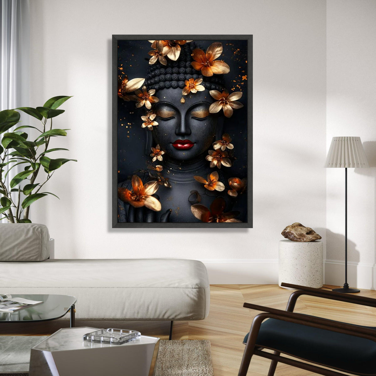 Elegant Buddha Face Canvas Wall Art, Golden Flowers Decor, Spiritual Meditation Art, Zen Home Decoration, Gift Art, Home Decor, Print
