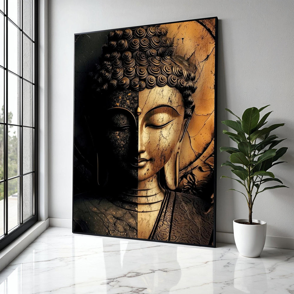 Dual Tone Buddha Face Canvas, Spiritual Wall Art, Meditation Decor, Zen Canvas Print, Tranquil Buddha Statue Gift Art, Home Decor, Print