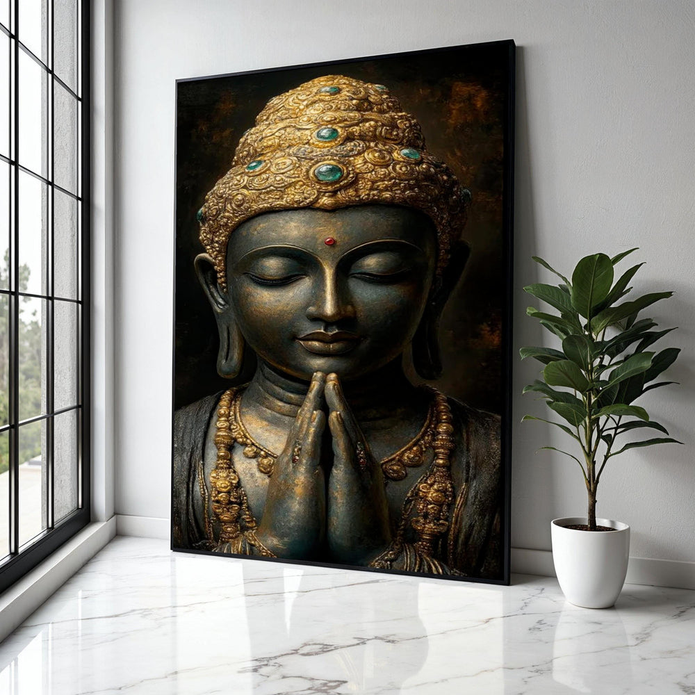 Serene Buddha Statue Canvas Wall Art, Meditative Spiritual Decor, Golden Crown Detail, Zen Home Decoration, Gift Art, Home Decor, Print
