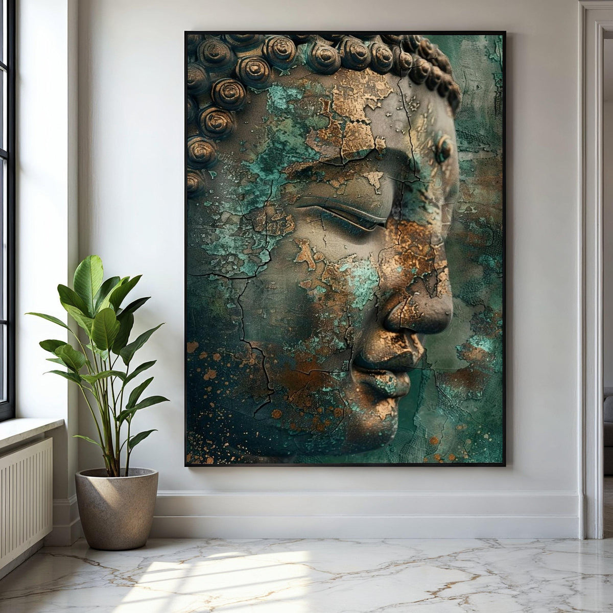 Vintage Buddha Face Canvas, Patina Wall Art, Zen Meditation Decor, Spiritual Canvas Print, Tranquil Home Gift Art, Home Decor, Print