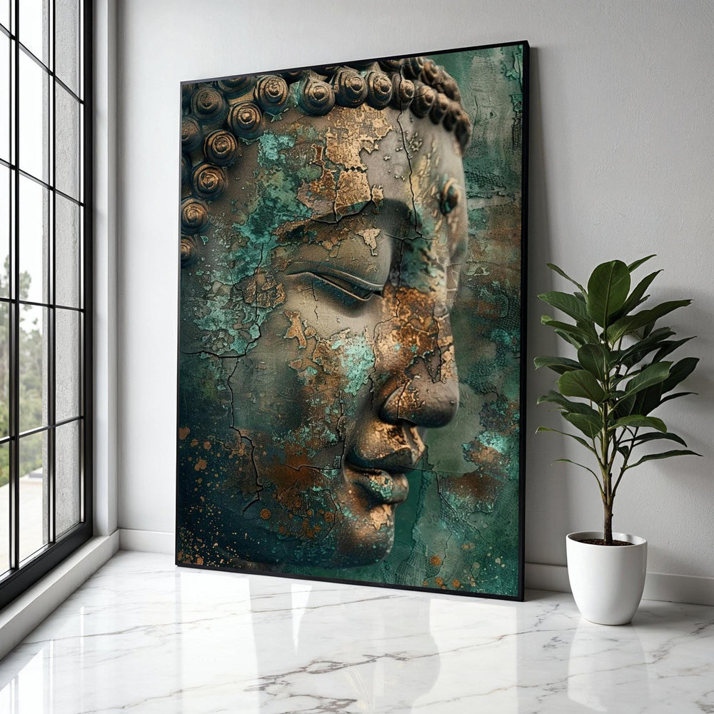 Vintage Buddha Face Canvas, Patina Wall Art, Zen Meditation Decor, Spiritual Canvas Print, Tranquil Home Gift Art, Home Decor, Print