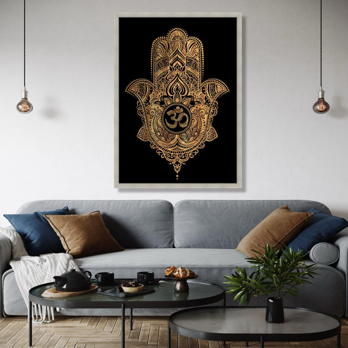 Gold Hamsa Hand Wall Art, Om Symbol Canvas, Spiritual Decor, Bohemian Style Canvas, Sacred Geometry Art, Ready Gift Art, Home Decor, Print