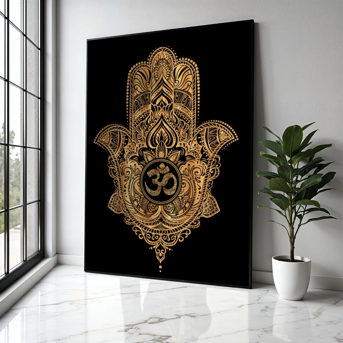 Gold Hamsa Hand Wall Art, Om Symbol Canvas, Spiritual Decor, Bohemian Style Canvas, Sacred Geometry Art, Ready Gift Art, Home Decor, Print