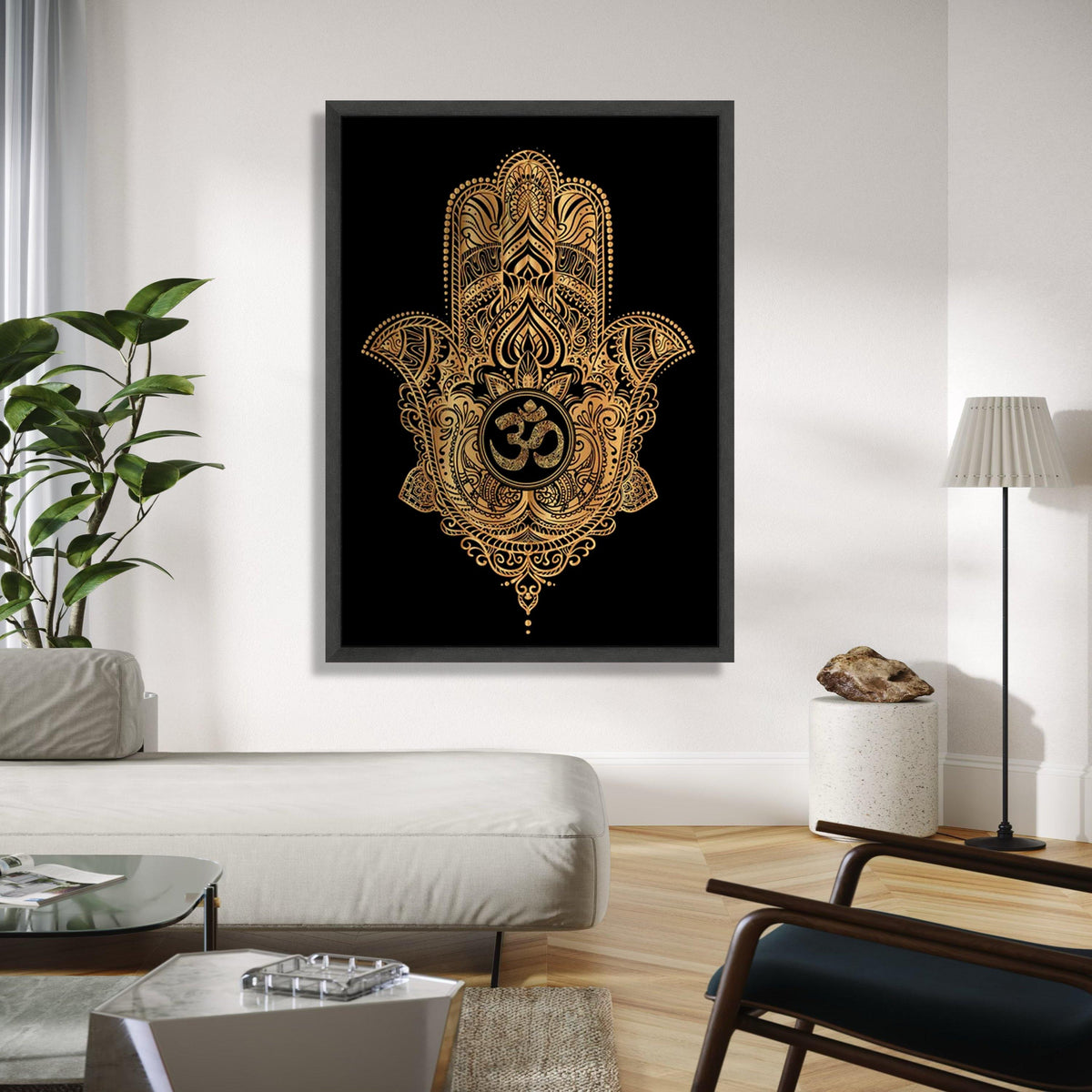 Gold Hamsa Hand Wall Art, Om Symbol Canvas, Spiritual Decor, Bohemian Style Canvas, Sacred Geometry Art, Ready Gift Art, Home Decor, Print