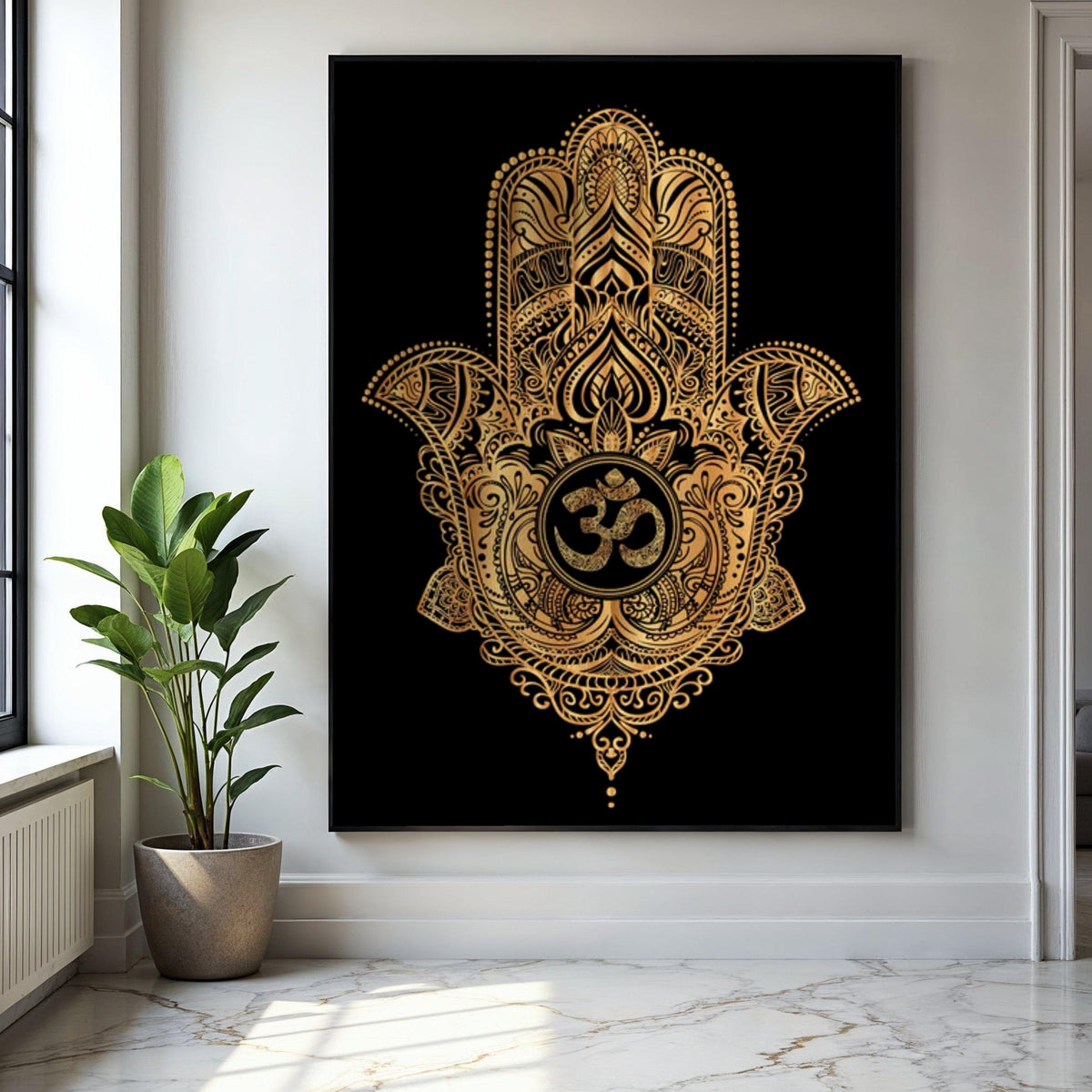 Gold Hamsa Hand Wall Art, Om Symbol Canvas, Spiritual Decor, Bohemian Style Canvas, Sacred Geometry Art, Ready Gift Art, Home Decor, Print