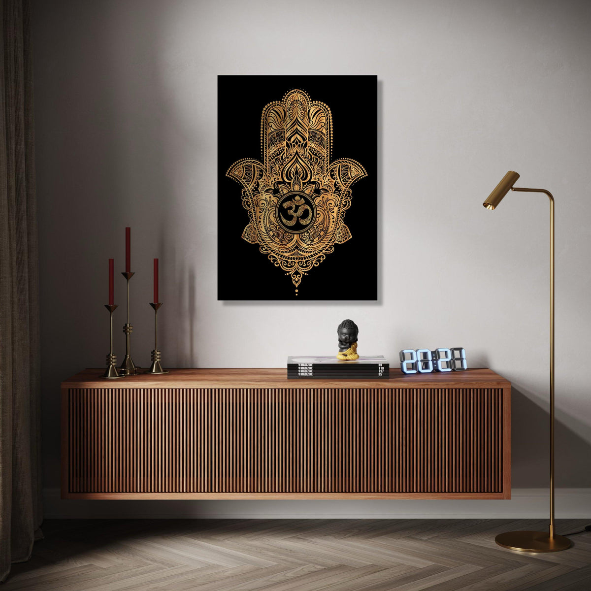 Gold Hamsa Hand Wall Art, Om Symbol Canvas, Spiritual Decor, Bohemian Style Canvas, Sacred Geometry Art, Ready Gift Art, Home Decor, Print