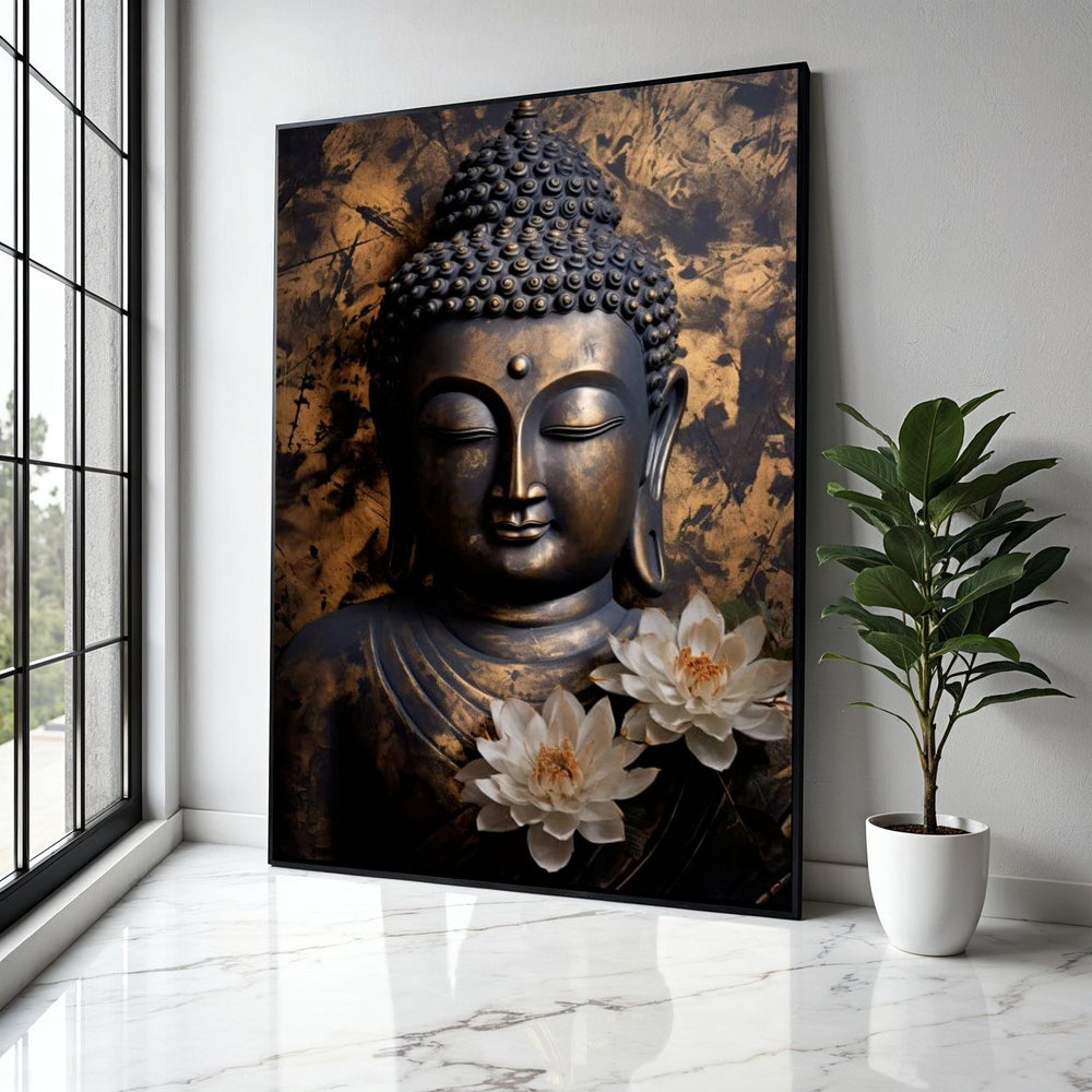 Serene Buddha Statue Canvas, Zen Meditation Wall Art, Spiritual Home Decor, Lotus Flower Accent, Tranquil Buddha Gift Art, Home Decor, Print
