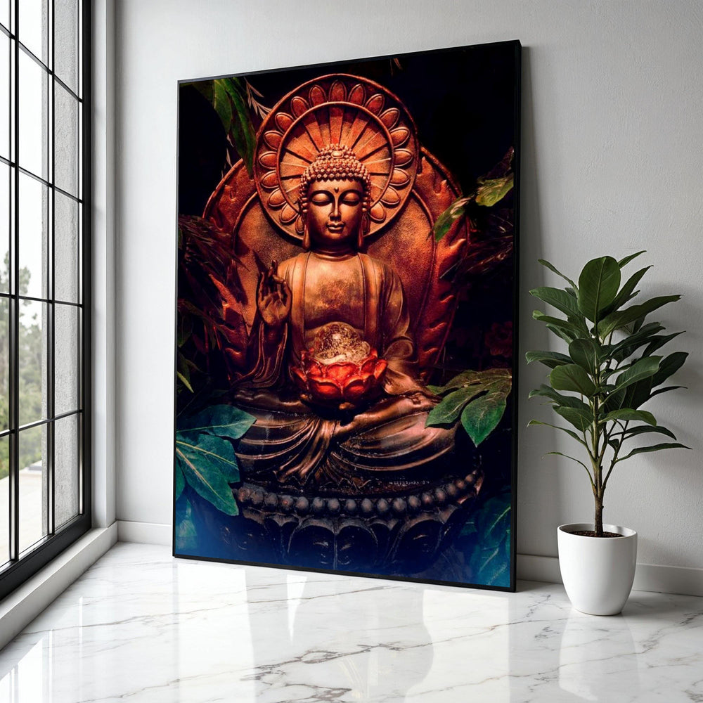 Tranquil Buddha Statue Canvas, Spiritual Zen Wall Art, Meditation Home Decor, Sacred Lotus Flower, Peaceful Gift Art, Home Decor, Print