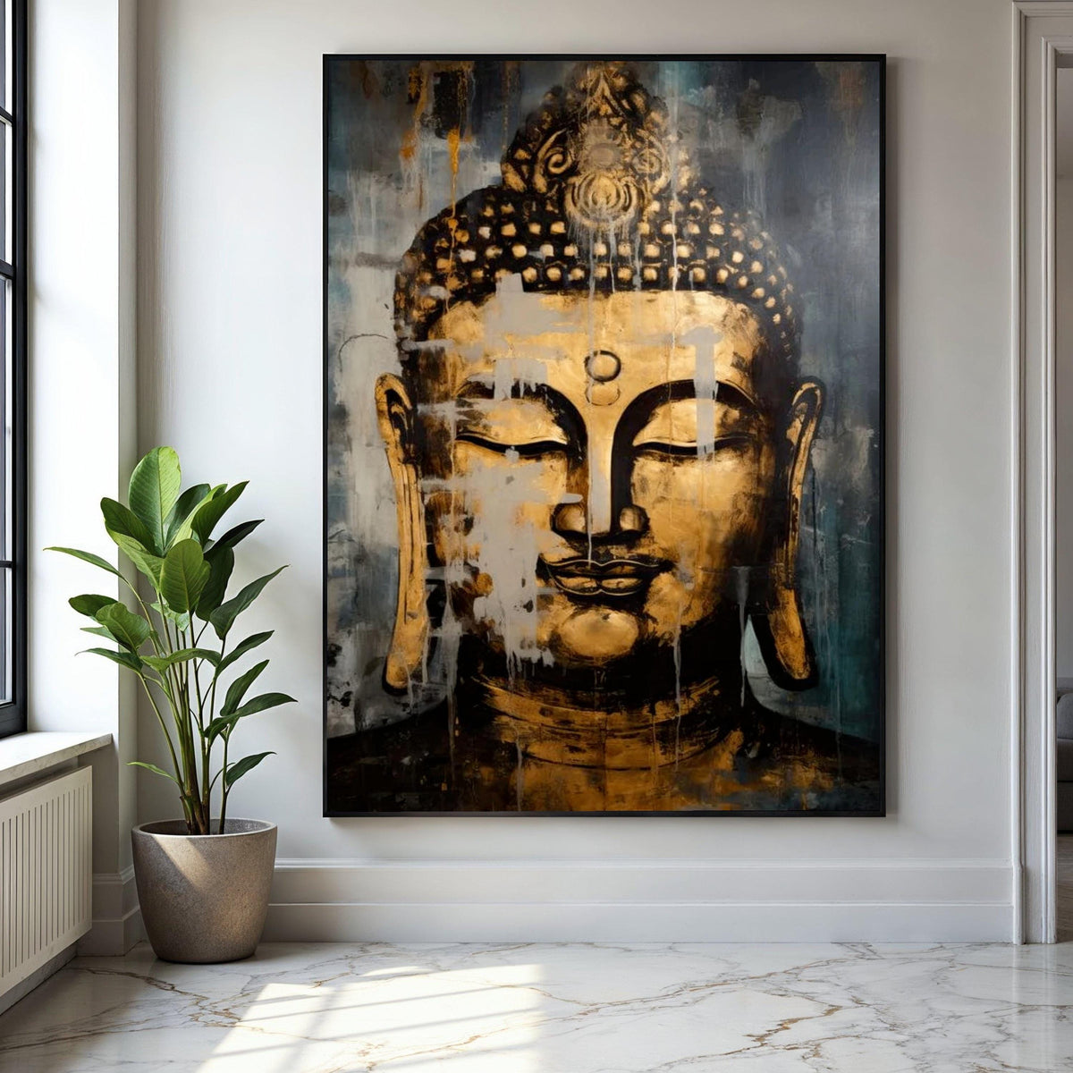 Golden Buddha Face Canvas, Abstract Spiritual Wall Art, Zen Meditation Decor, Asian Inspired Canvas Painting, Gift Art, Home Decor, Print