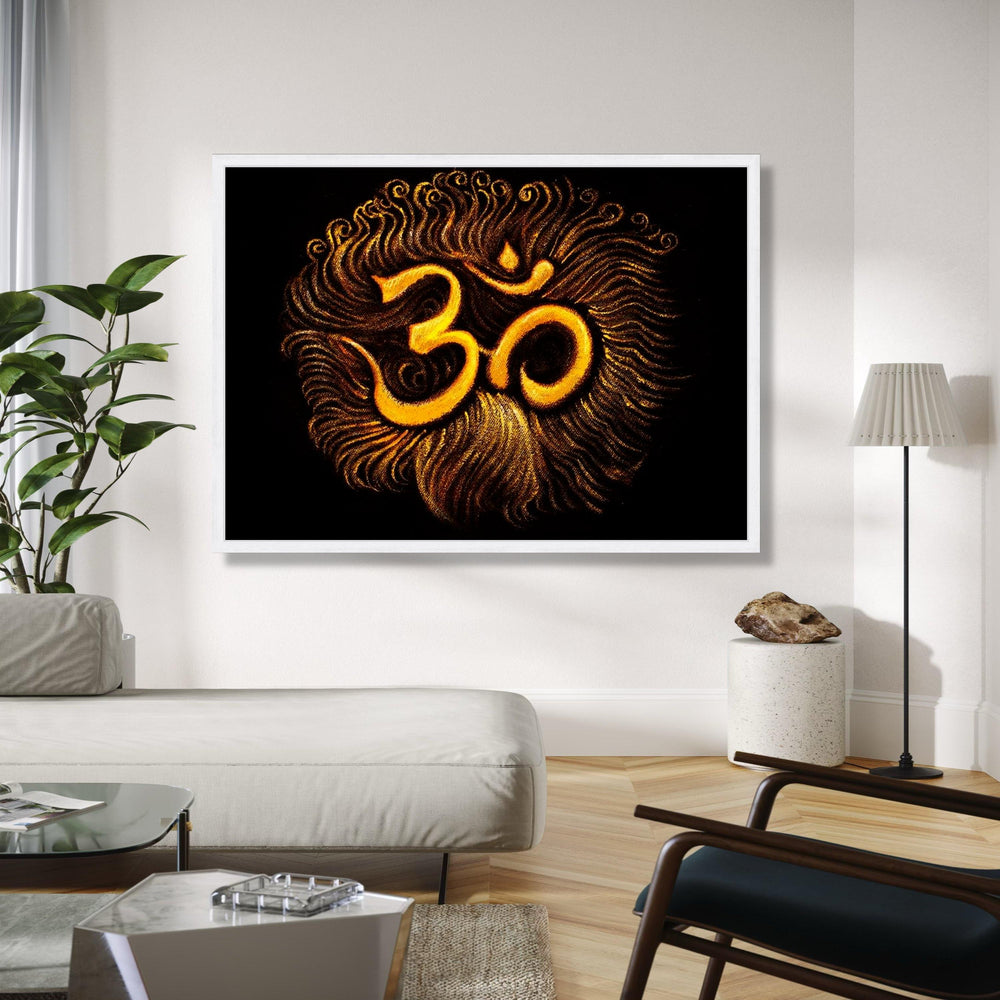 Golden Om Symbol Canvas, Spiritual Wall Art, Hindu Meditation Decor, Yoga Room Canvas, Abstract Sacred Sign, Zen Gift Art, Home Decor, Print