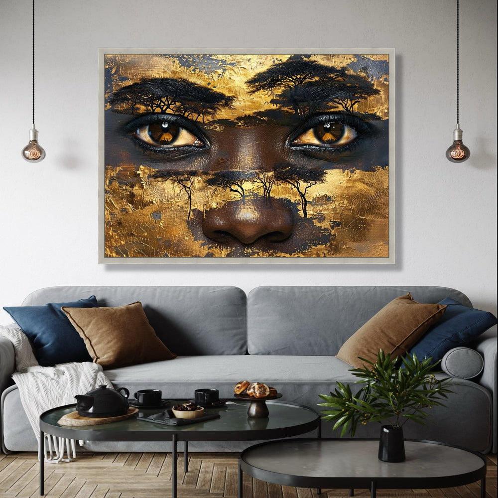 Golden African Eyes Canvas, Tribal Face Art, Ethnic Wall Decor, Abstract Portrait Canvas, Golden Painting, Gift Art, Home Decor, Print