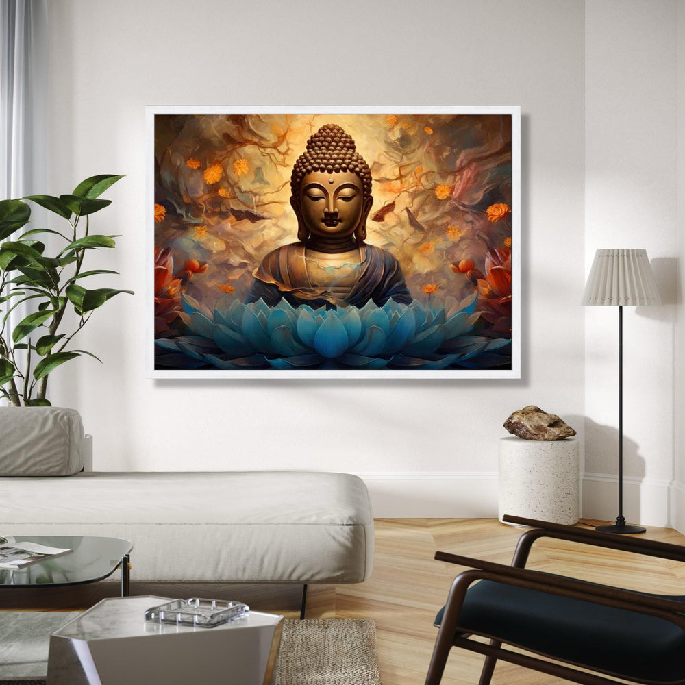 Tranquil Buddha Statue Canvas, Blue Lotus Flower Wall Art, Spiritual Meditation Decor, Zen Buddhist Canvas Gift Art, Home Decor, Print