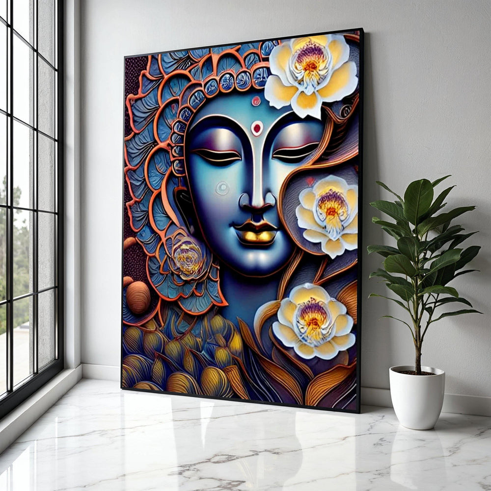 Spiritual Buddha Face with Lotus Flowers Canvas, Zen Wall Art, Meditation Decor, Peaceful Home Decoration, Gift Art, Home Decor, Print