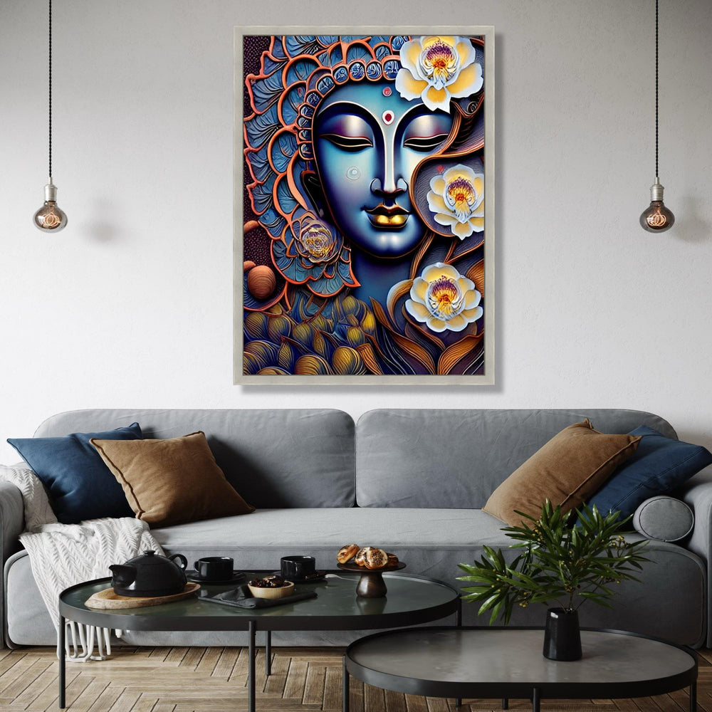 Spiritual Buddha Face with Lotus Flowers Canvas, Zen Wall Art, Meditation Decor, Peaceful Home Decoration, Gift Art, Home Decor, Print