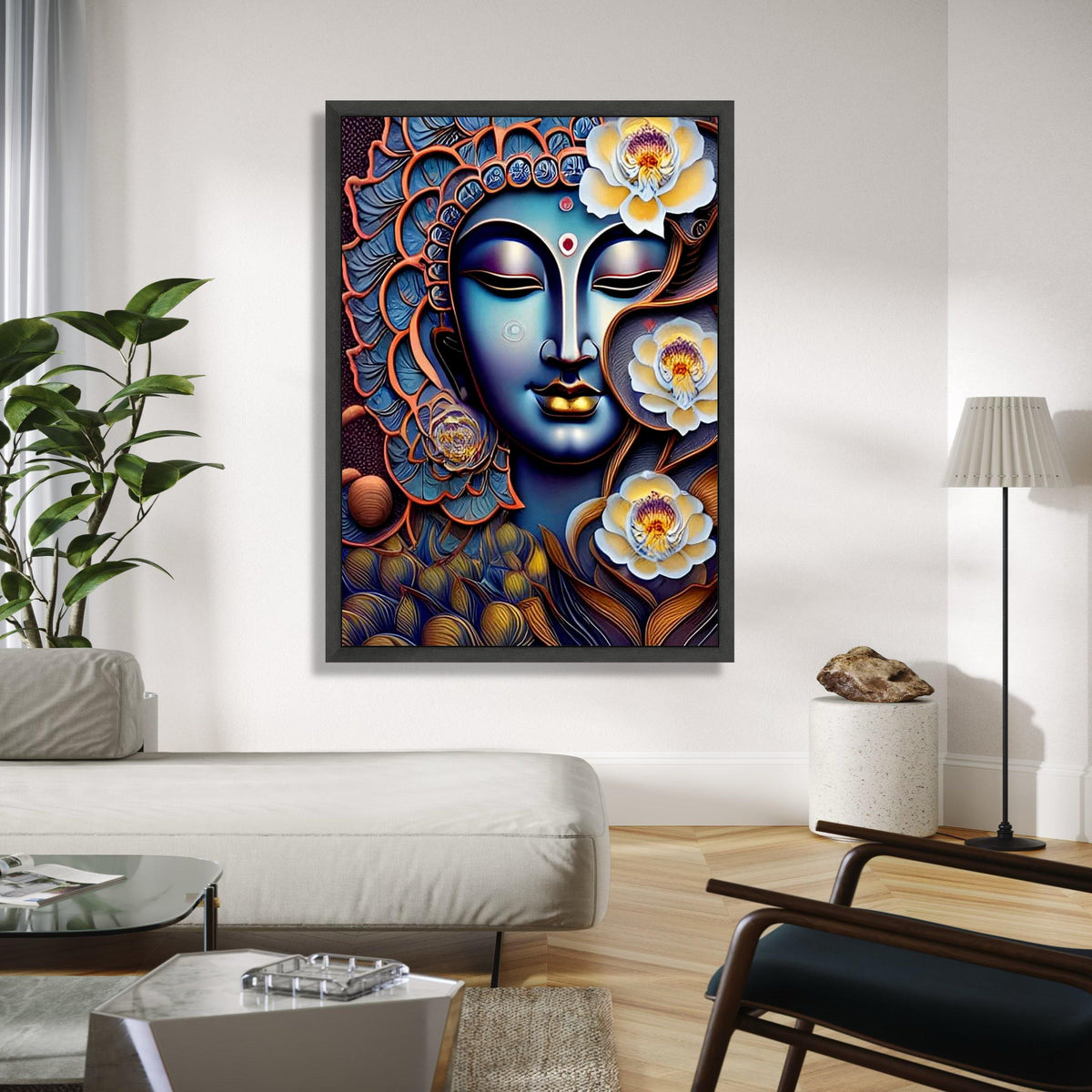 Spiritual Buddha Face with Lotus Flowers Canvas, Zen Wall Art, Meditation Decor, Peaceful Home Decoration, Gift Art, Home Decor, Print