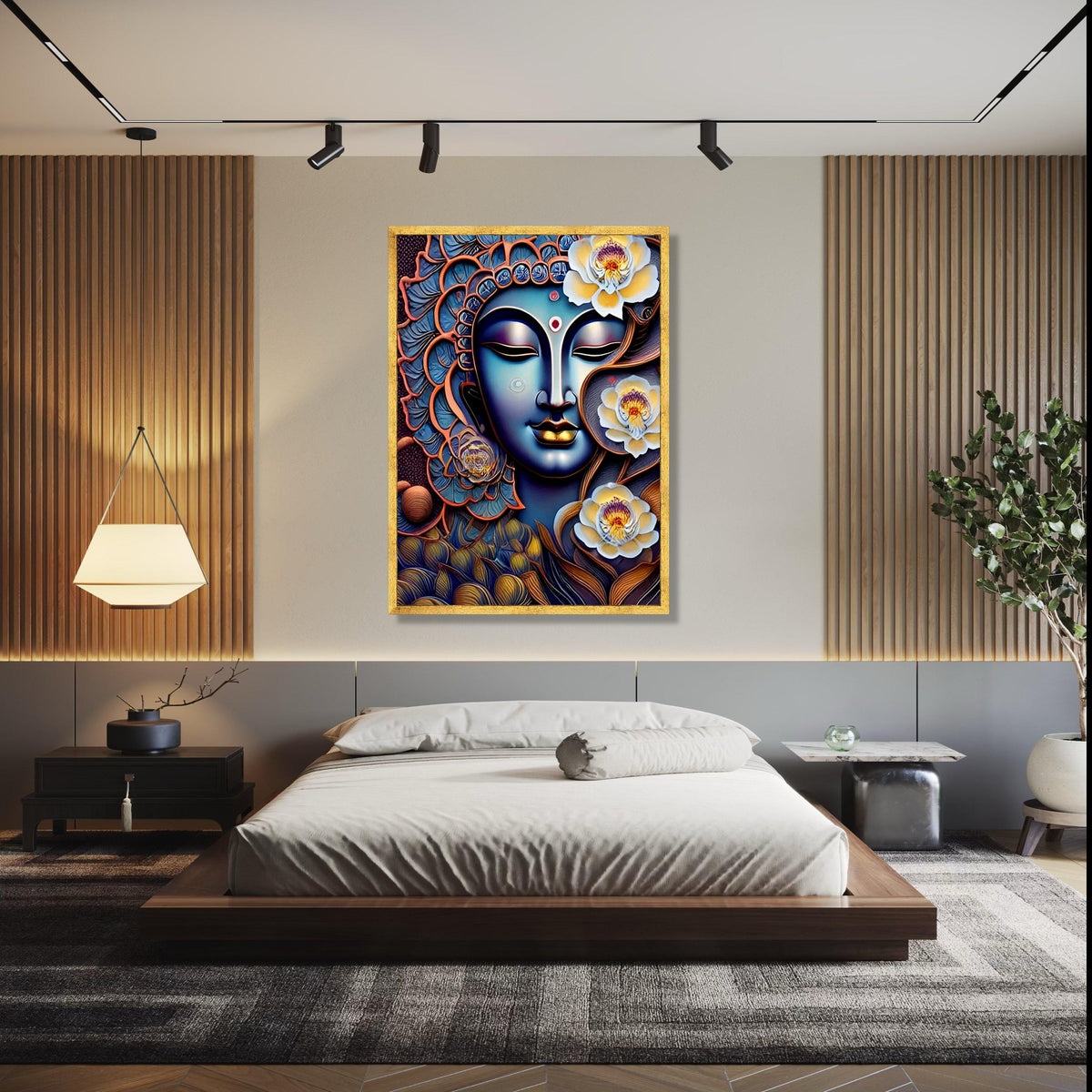 Spiritual Buddha Face with Lotus Flowers Canvas, Zen Wall Art, Meditation Decor, Peaceful Home Decoration, Gift Art, Home Decor, Print