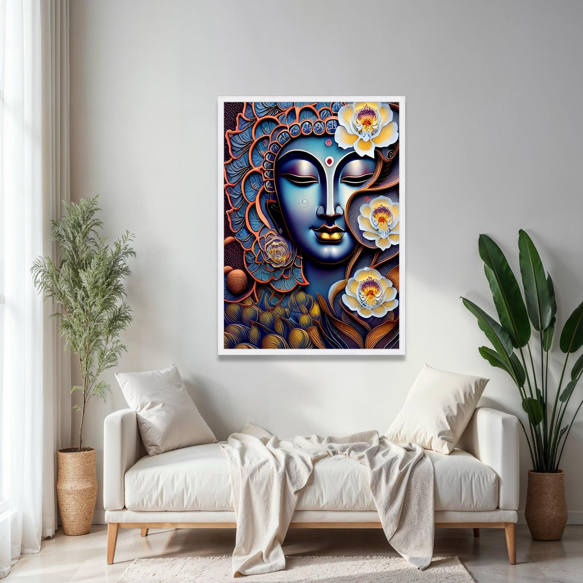 Spiritual Buddha Face with Lotus Flowers Canvas, Zen Wall Art, Meditation Decor, Peaceful Home Decoration, Gift Art, Home Decor, Print
