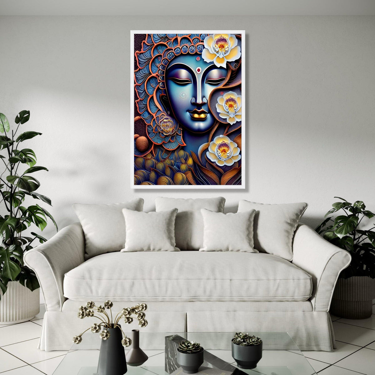 Spiritual Buddha Face with Lotus Flowers Canvas, Zen Wall Art, Meditation Decor, Peaceful Home Decoration, Gift Art, Home Decor, Print