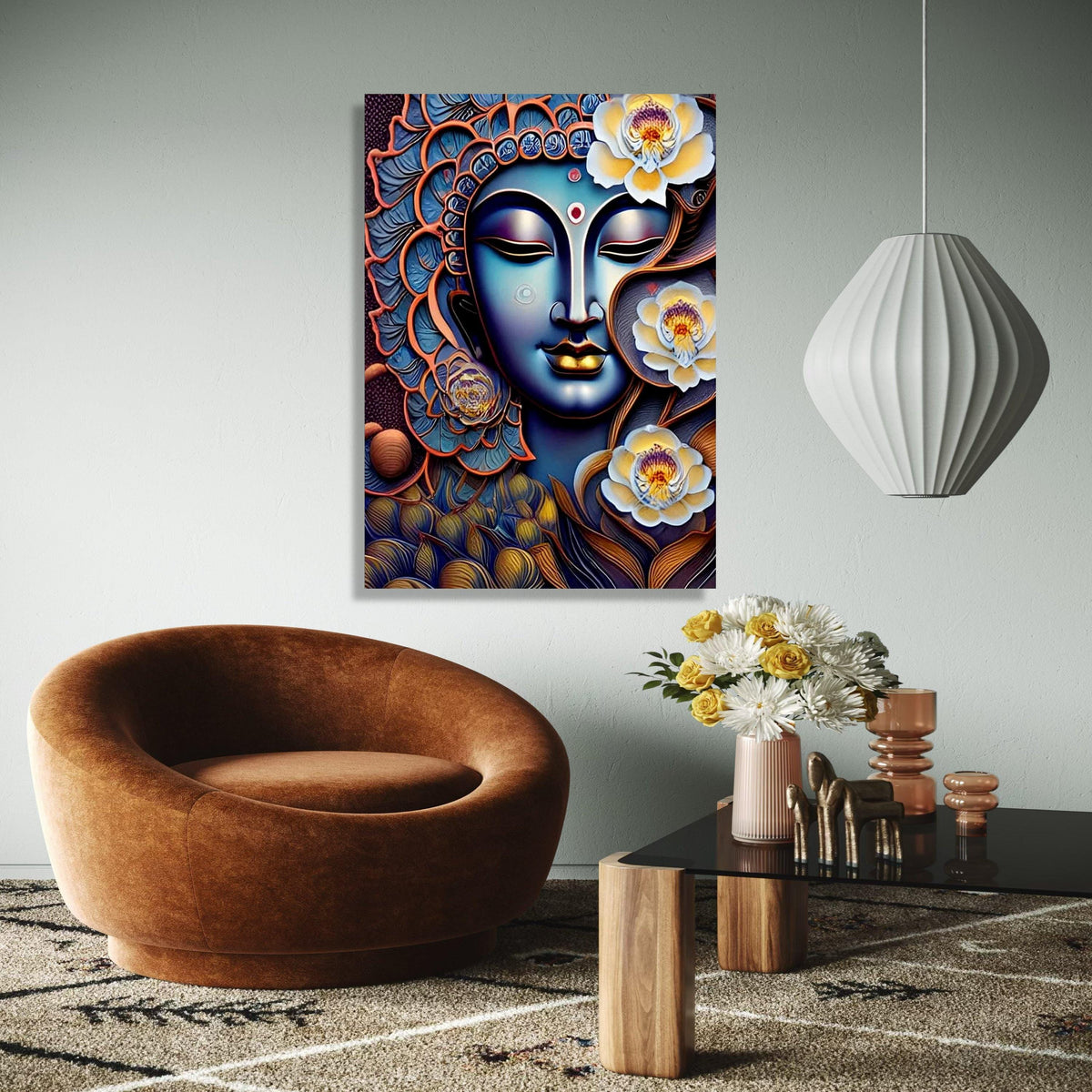 Spiritual Buddha Face with Lotus Flowers Canvas, Zen Wall Art, Meditation Decor, Peaceful Home Decoration, Gift Art, Home Decor, Print