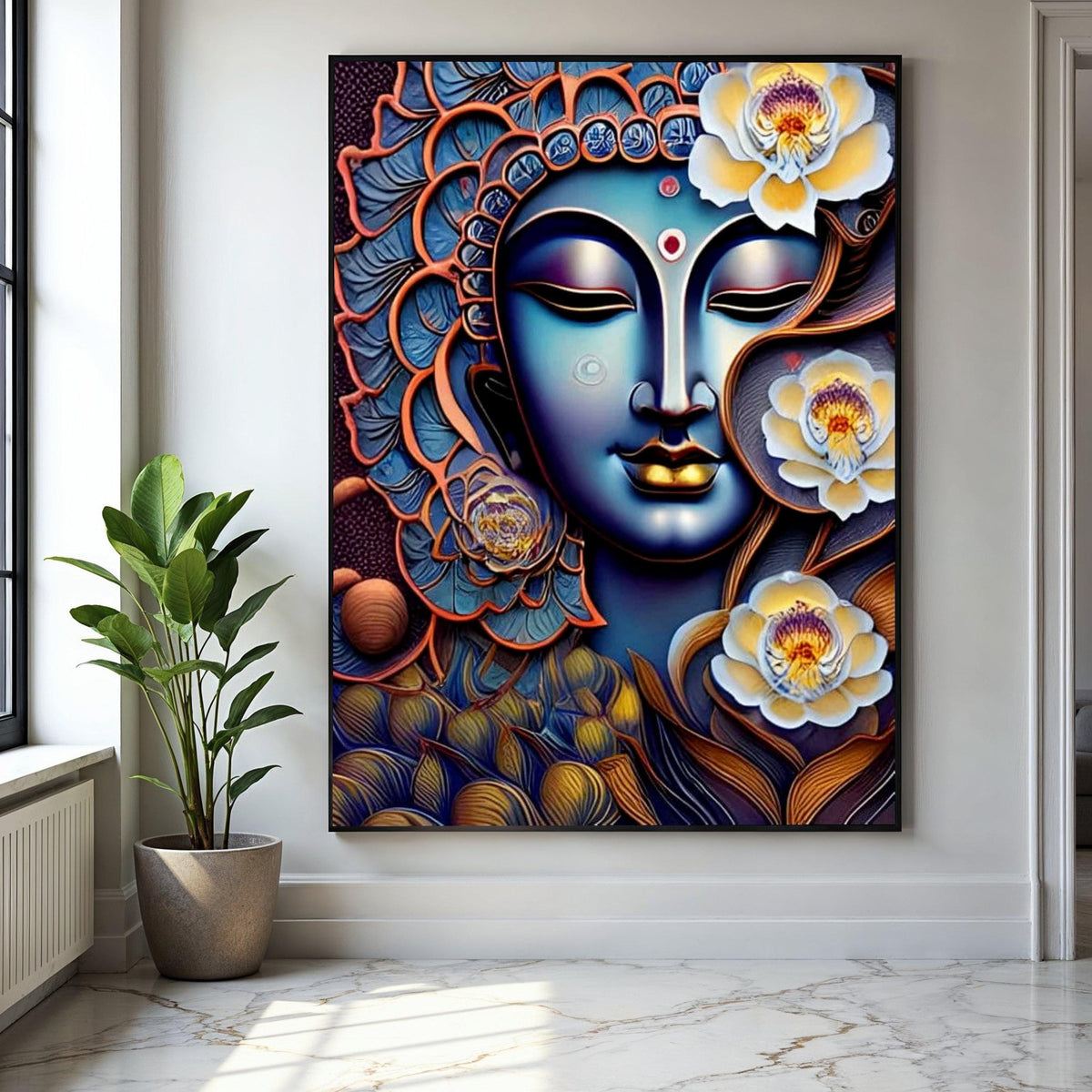 Spiritual Buddha Face with Lotus Flowers Canvas, Zen Wall Art, Meditation Decor, Peaceful Home Decoration, Gift Art, Home Decor, Print