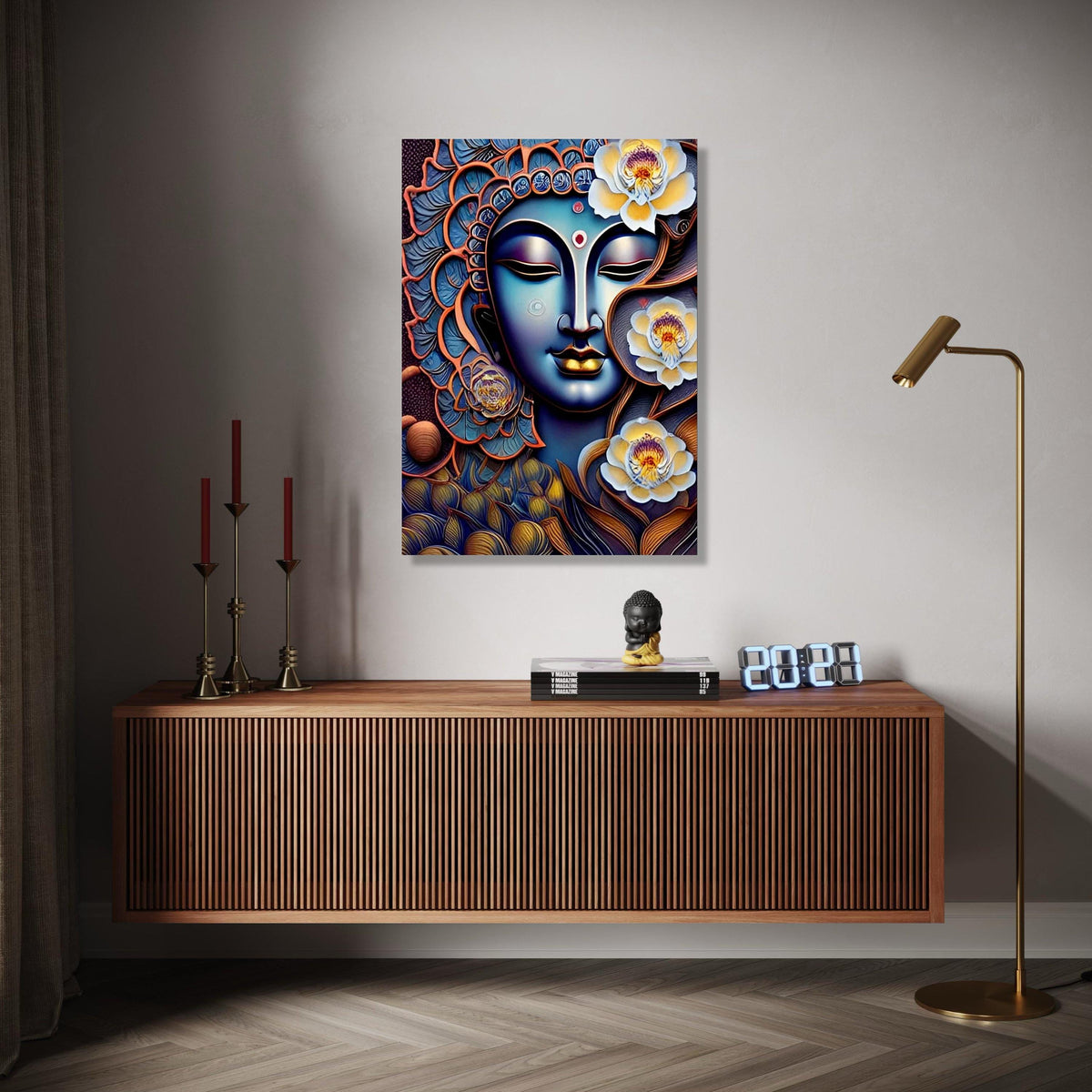 Spiritual Buddha Face with Lotus Flowers Canvas, Zen Wall Art, Meditation Decor, Peaceful Home Decoration, Gift Art, Home Decor, Print