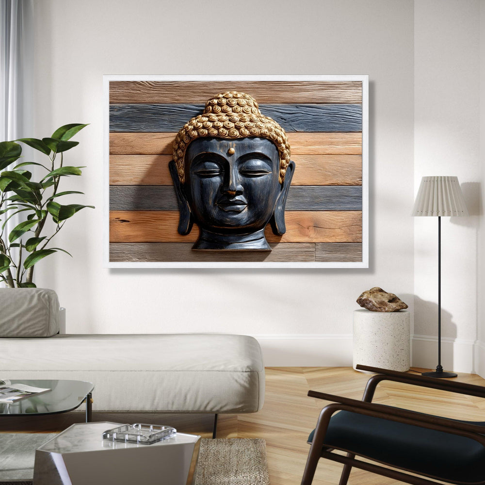 Tranquil Buddha Head Canvas Wall Art, Zen Meditation Decor, Spiritual Home Decoration, Wooden Background, Calm Gift Art, Home Decor, Print