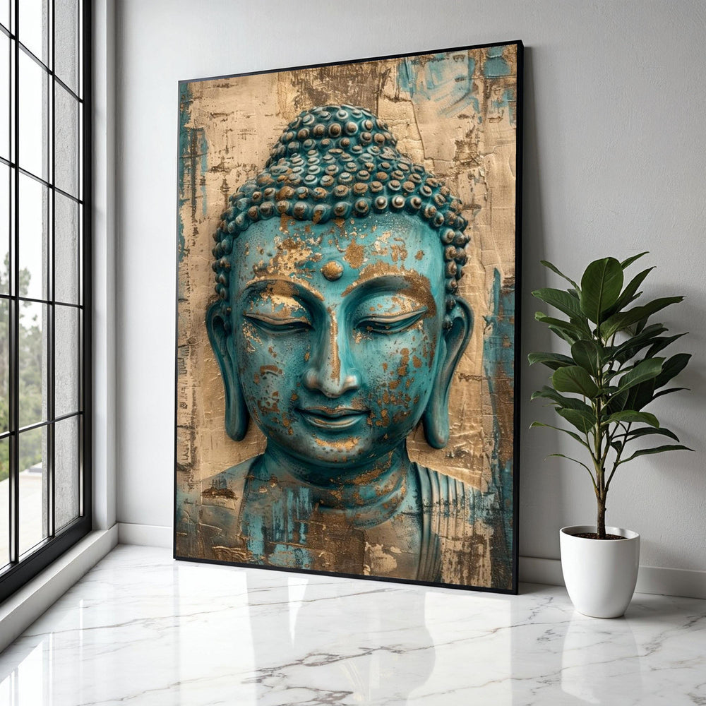 Tranquil Buddha Face Canvas Wall Art, Zen Meditation Decor, Spiritual Home Accent, Blue and Gold Buddha Gift Art, Home Decor, Print