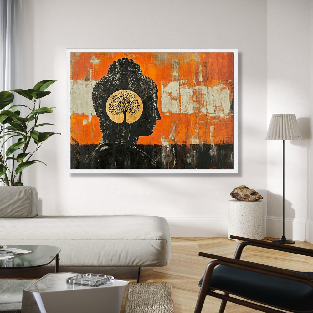 Buddha Silhouette Canvas Wall Art, Spiritual Tree of Life Painting, Orange Black Abstract Background, Zen Home Gift Art, Home Decor, Print