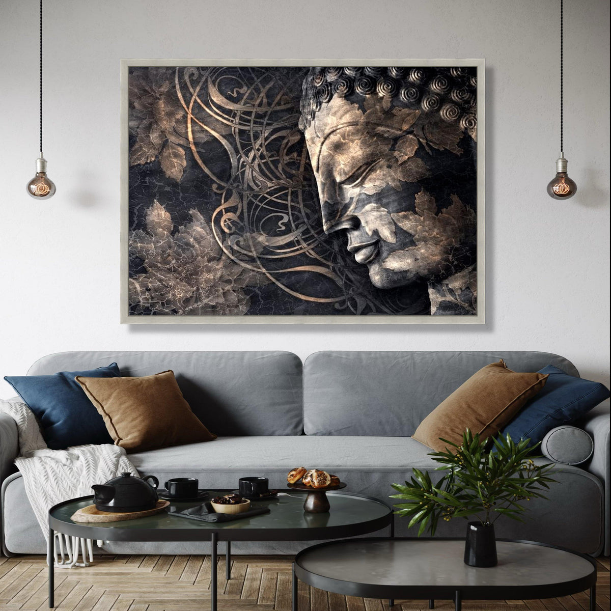 Serene Buddha Face Canvas, Spiritual Wall Art, Zen Meditation Decor, Tranquil Home Decoration, Abstract Leaf Gift Art, Home Decor, Print