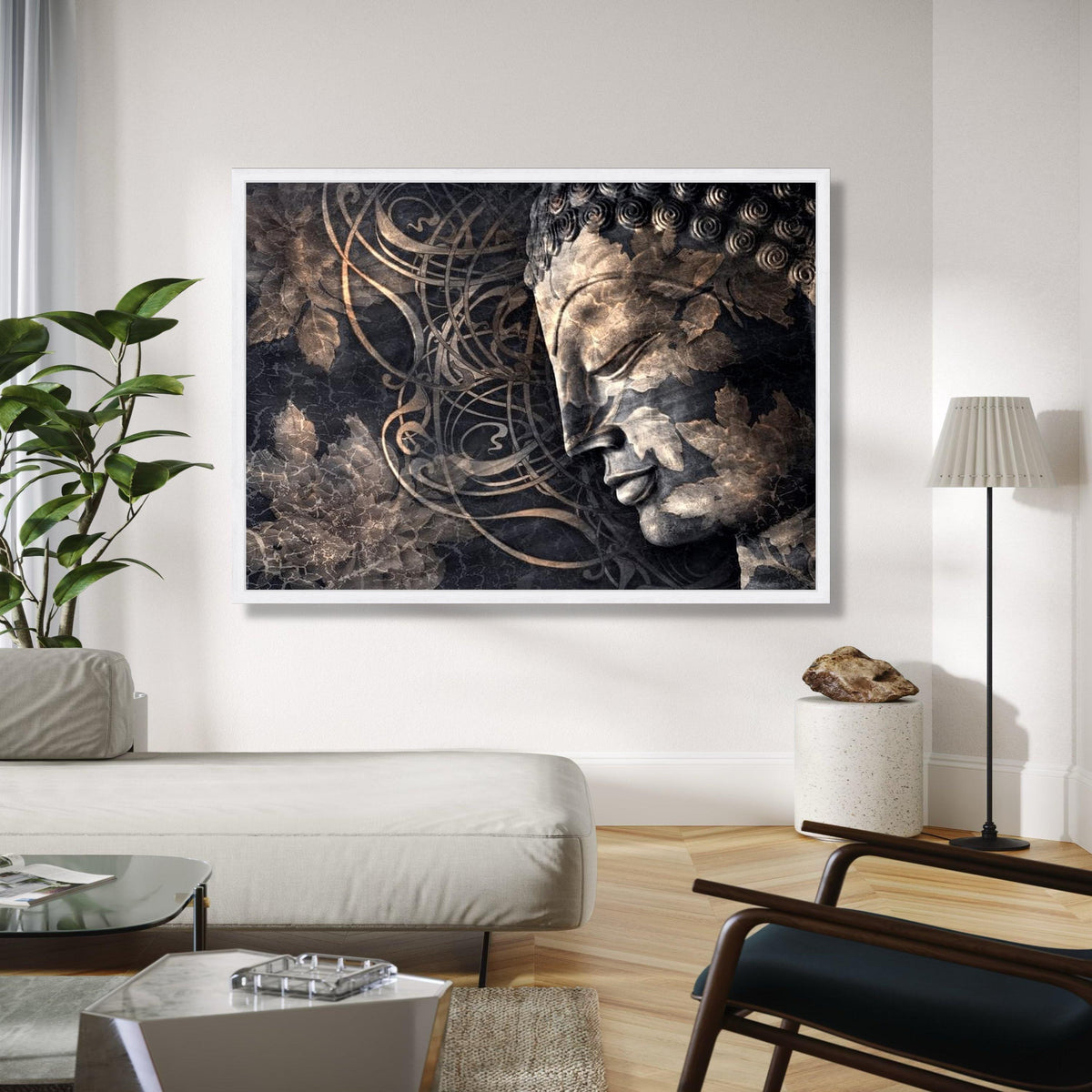 Serene Buddha Face Canvas, Spiritual Wall Art, Zen Meditation Decor, Tranquil Home Decoration, Abstract Leaf Gift Art, Home Decor, Print