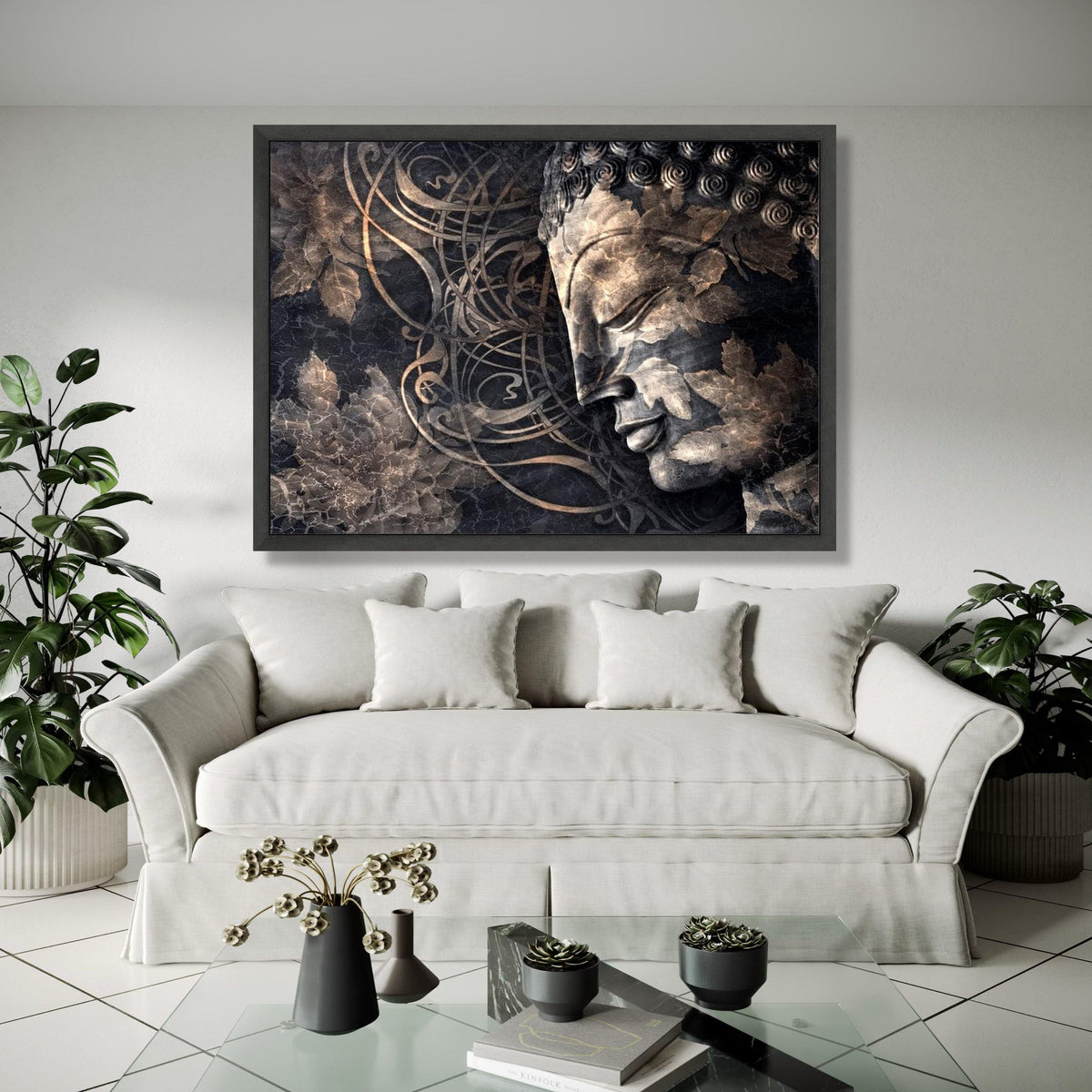 Serene Buddha Face Canvas, Spiritual Wall Art, Zen Meditation Decor, Tranquil Home Decoration, Abstract Leaf Gift Art, Home Decor, Print