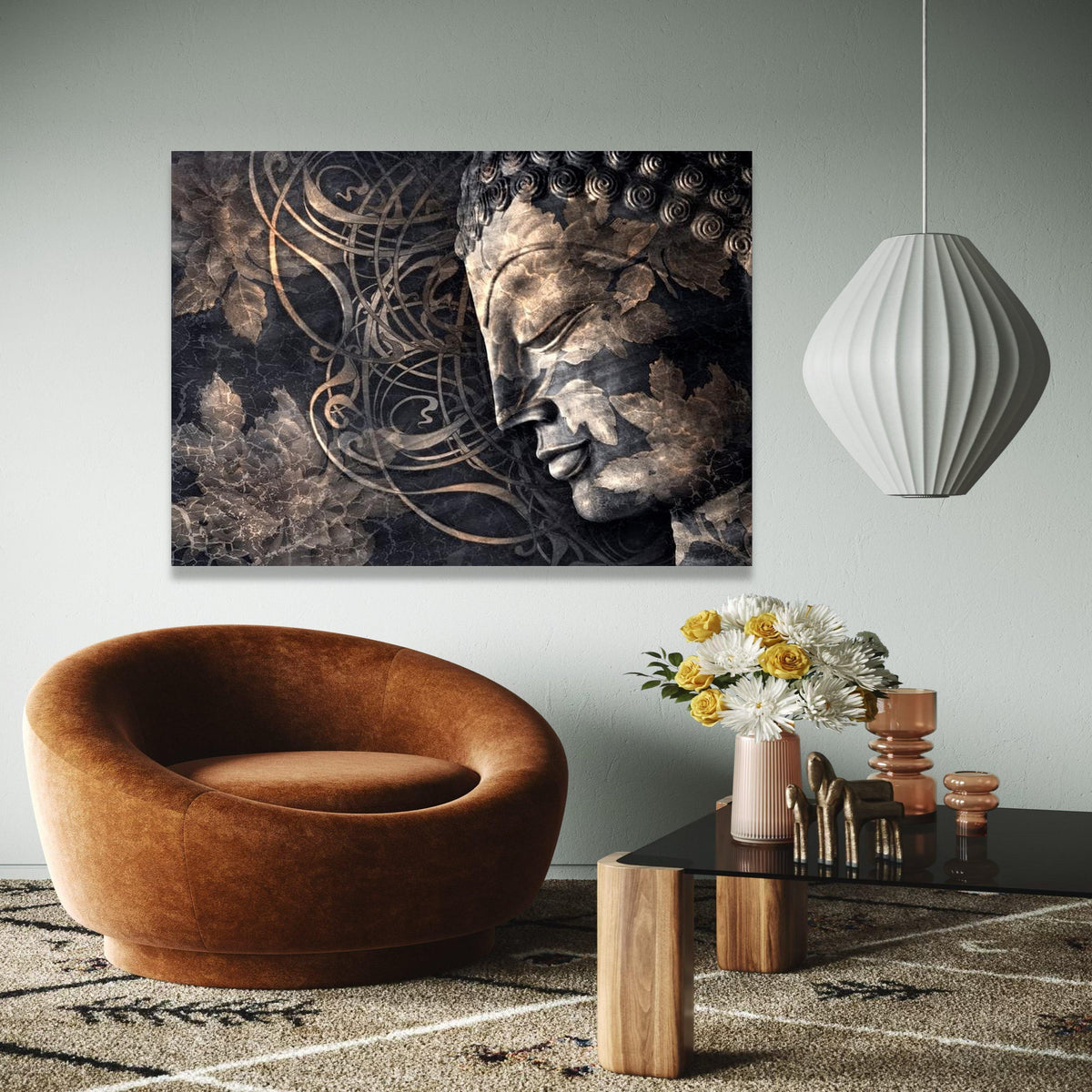 Serene Buddha Face Canvas, Spiritual Wall Art, Zen Meditation Decor, Tranquil Home Decoration, Abstract Leaf Gift Art, Home Decor, Print