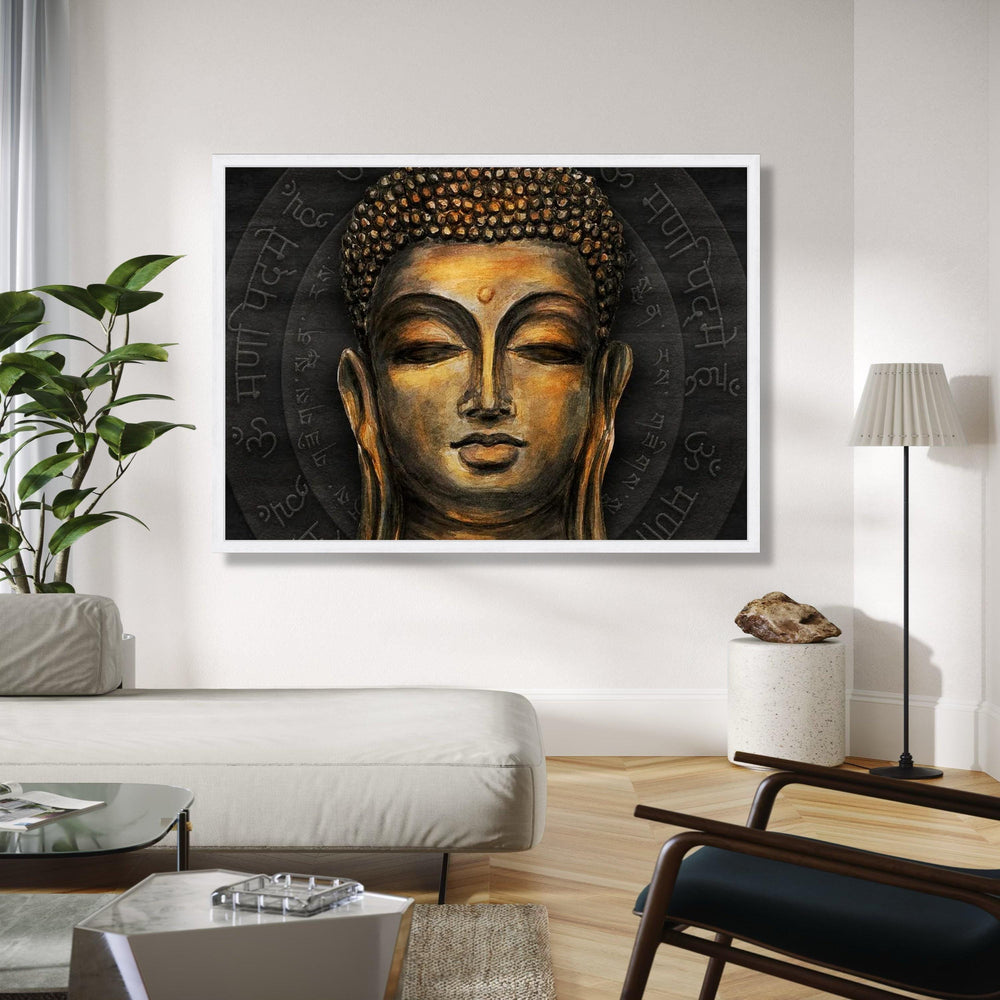 Golden Buddha Face Canvas, Spiritual Wall Art, Meditation Decor, Zen Art Print, Mindfulness Canvas, Tranquil Gift Art, Home Decor, Print