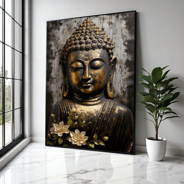 Serene Buddha Face Canvas Wall Art, Golden Antique Buddha Statue, Spiritual Home Decor, Meditation Room Canvas, Gift Art, Home Decor, Print