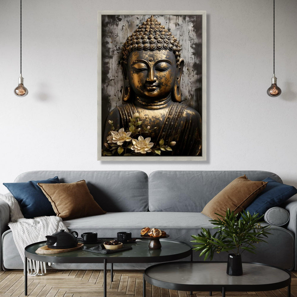 Serene Buddha Face Canvas Wall Art, Golden Antique Buddha Statue, Spiritual Home Decor, Meditation Room Canvas, Gift Art, Home Decor, Print