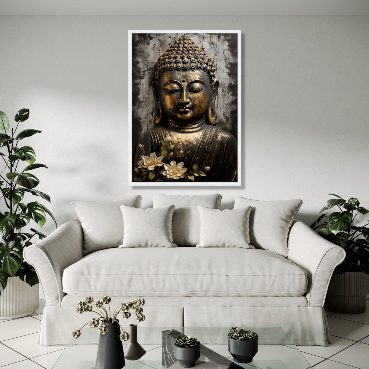 Serene Buddha Face Canvas Wall Art, Golden Antique Buddha Statue, Spiritual Home Decor, Meditation Room Canvas, Gift Art, Home Decor, Print