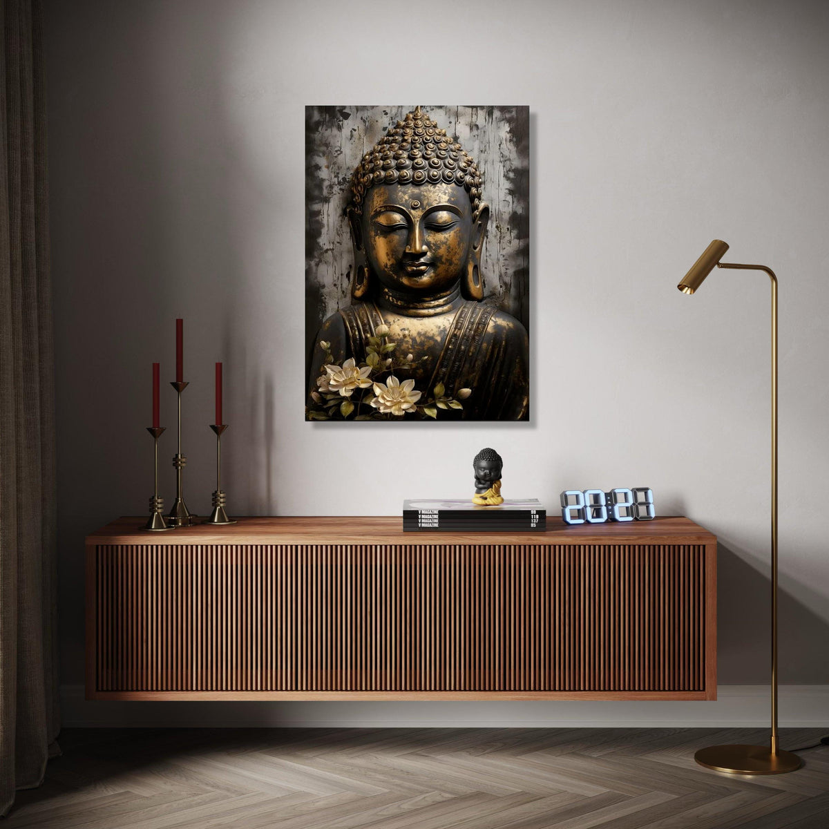 Serene Buddha Face Canvas Wall Art, Golden Antique Buddha Statue, Spiritual Home Decor, Meditation Room Canvas, Gift Art, Home Decor, Print