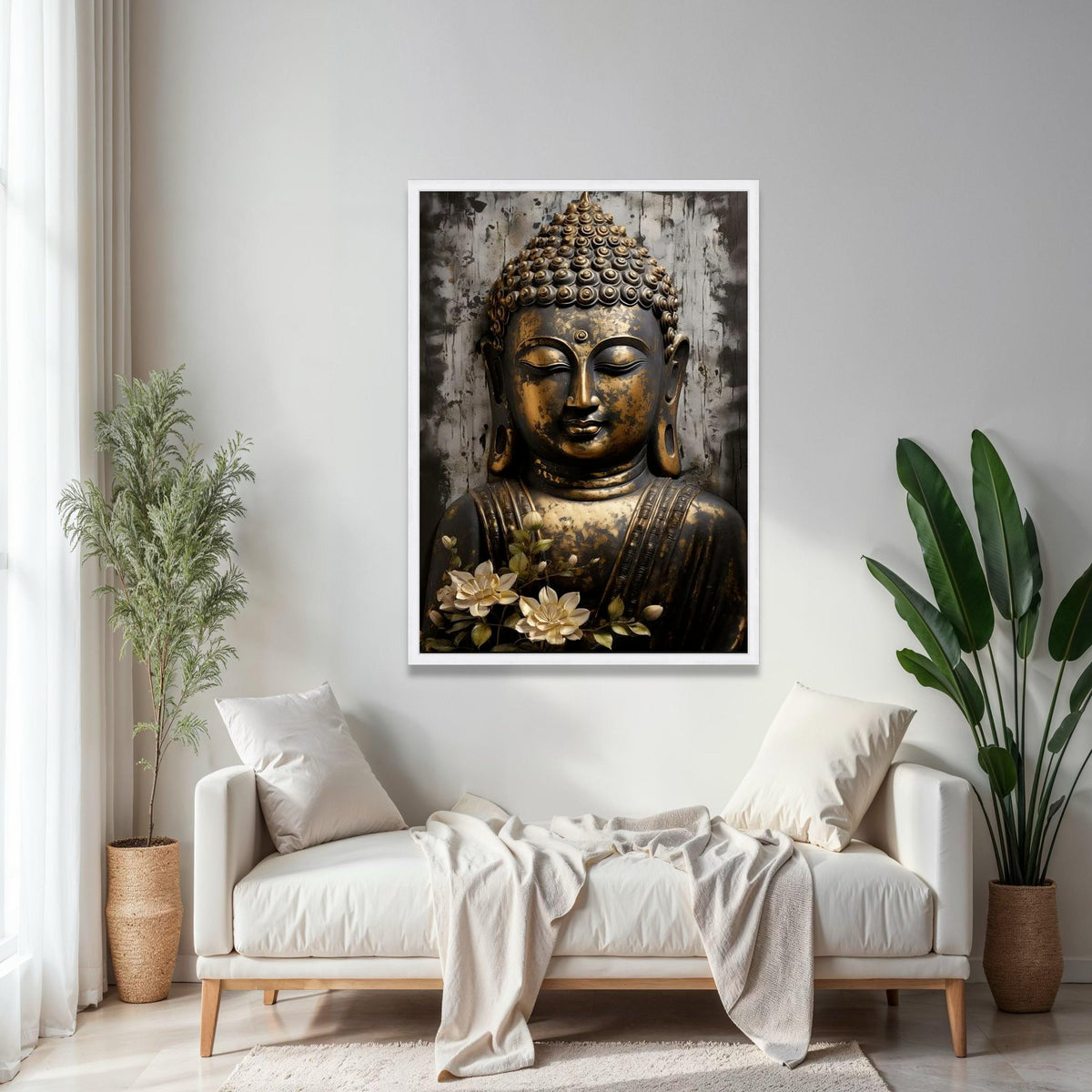 Serene Buddha Face Canvas Wall Art, Golden Antique Buddha Statue, Spiritual Home Decor, Meditation Room Canvas, Gift Art, Home Decor, Print